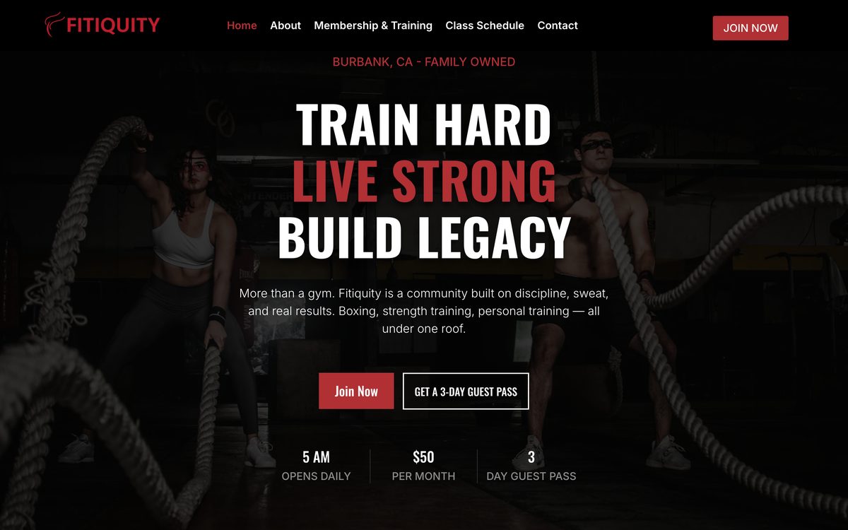 Fitiquity homepage — Train Hard, Live Strong, Build Legacy